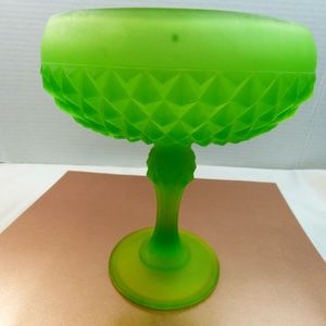 Indiana Glass Candy Dish Pedestal Bowl Green Footed Frosted Diamond Point